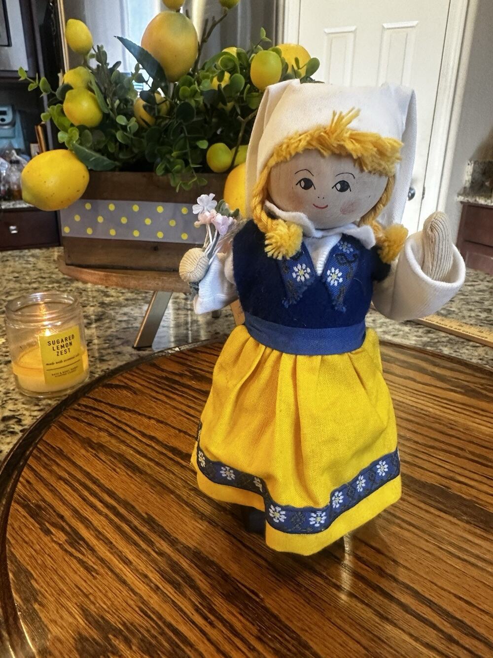 Original Butticki Of Sweden Handmade Wood Doll In Dress With Flowers 8" Tall